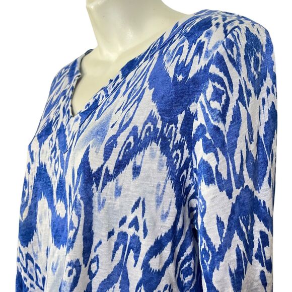 Chicos Womens Ikat Split V Neck 100% Linen Blue Knit Top Long Sleeve White 1/ M - Picture 10 of 16